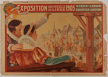 Exposition universelle de Liège de 1905 Vieux-Liège Quartier ancien, 1905 (Lithographie en couleurs ; 76 X 107 cm), Liège, Musée de la Vie wallonne