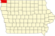 Harta statului Iowa indicând comitatul Lyon