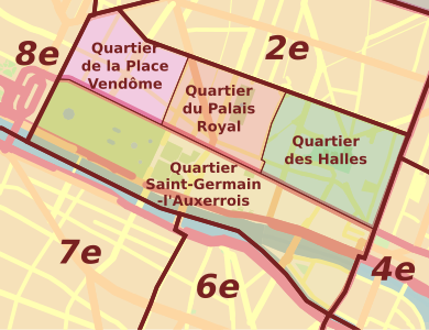 De fyra administrativa distrikten i Paris första arrondissement.