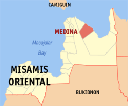 Mapa ng Misamis Oriental na nagpapakita sa lokasyon ng Medina.