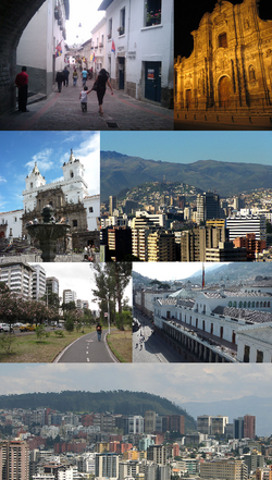 V smeri urinega kazalca: Calle La Ronda, Iglesia de la Compañía de Jesús, El Panecillo, palača Carondelet, centralno-severni Quito, Parque La Carolina in Iglesia y Monasterio de San Francisco