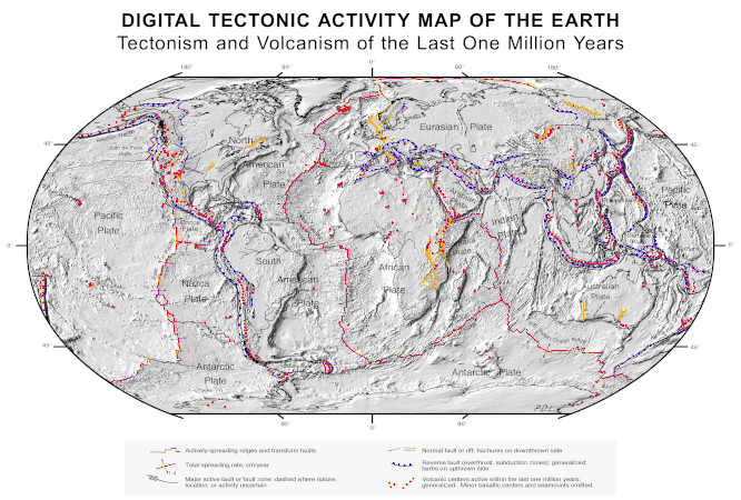 Mappa delle attività tettoniche e vulcaniche nell'ultimo milione di anni. Sono riportate le placche tettoniche.