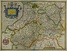 Carte ancienne montrant une partie du pays de Galles. Le Radnorshire, entouré de bleu, est dans le coin supérieur droit.