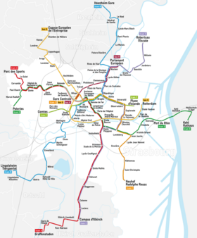 Plan du réseau en novembre 2023, avec les lignes de tramway.