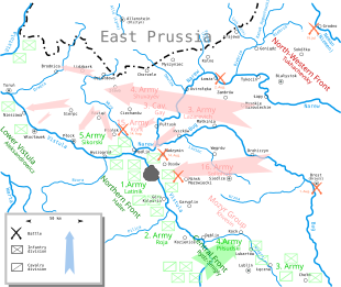 Map showing Central Poland and southern part of East Prussia, with arrows showing main Russian and Polish attacks