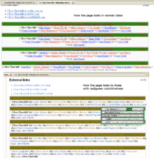 同じように主に文字を用いたユーザーインターフェースの2つのスクリーンショット。上のものは赤、緑、青を使用している。下のものは赤と緑にほぼ同じ色を使用しているもので、赤い文字は緑の背景の中でほとんど見えなくなっている。