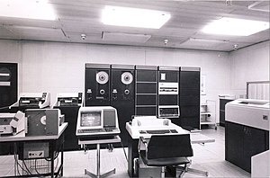 Black and white image of a PDP-11 based computer center