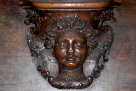 Carved figure of divine mercy, originally from Clairvaux Abbey, on a choir stall