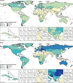 Average standard drinks (10 g of pure ethanol per serving) consumed per day, age-standardised, for females (A) and males (B) in 2016, in 195 locations.