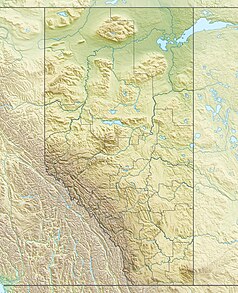 Mapa konturowa Alberty, blisko dolnej krawiędzi znajduje się punkt z opisem „Park Narodowy Waterton Lakes”