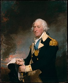 A three-quarter length oil portrait of Gates against a neutral dark background. He is wearing a general's uniform, blue jacket with gold facing and gold epaulettes. He is holding a sword in one hand and a paper in the other. His hair is white and has been tied back.