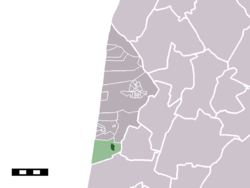 The town centre (darkgreen) and the statistical district (lightgreen) of Egmond-Binnen in the municipality of Bergen (NH.)