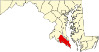 Map of Merilend highlighting Saint Mary's County