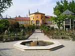 A garden fountain in the middle