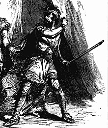 A European man dressed in stereotyped native american clothing. He is shown with a bearded face, wearing a bandana on his head, and carrying a musket. He appears to be beckoning native american warriors to attack alongside him.