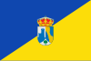 A two color flag, divided equally in two, with the top left side blue and de bottom right yellow. The coat of arms is on the middle.