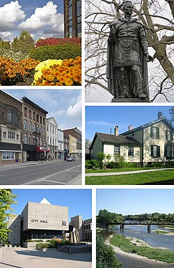 From top, left to right: Flowerbed outside RBC Building, Statue of Joseph Brant, Colborne Street in Downtown Brantford, Bell Homestead, City Hall, Grand River