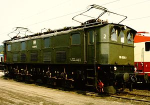 116 009 (ehemals E16 09) im Oktober 1985 auf Fahrzeugschau „150 Jahre deutsche Eisenbahn“ in Bochum-Dahlhausen