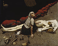 «Lemminkäinens mor» (Lemminkäisen äiti), 1897. Mora samler sammen restene etter sønnen ved Tuonela- elva med Tuonela-svanen til venstre