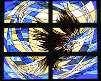 The Bald Eagle, Dryden High School, USA. Dynamic figures are unusual in stained glass