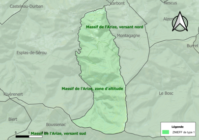 Carte des ZNIEFF de type 1 sur la commune.