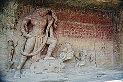 Massive rock-cut sculpture depicting وشنو in his وراہا incarnation at the ادیاگری غاریں, near Vidiśā, carved when the city was a provincial capital of the گپتا سلطنت