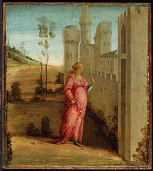 Peinture représentant une jeune femme en robe rose devant une enceinte crénelée.