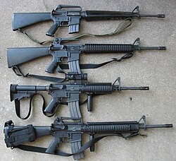 מלמטה למעלה: M16A1, M16A2, M4, M16A4.