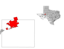 Poloha Midlandu v rámci štátu USA Texas a v rámci Midland county