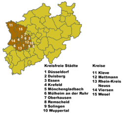 Map of North Rhine-Westphalia highlighting the Regierungsbezirk of Düsseldorf