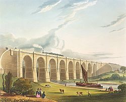 La viadukto super la Sankey- valo, akvotinto de Thomas Talbot Bury, 1831. Entute oni konstruis 61 pontojn kaj viaduktojn.