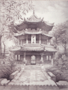 Disegno in grafite di Wahbi Al-Hariri della Grande Moschea di Xi'an