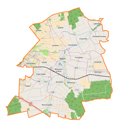 Mapa konturowa gminy Mełgiew, blisko centrum po prawej na dole znajduje się punkt z opisem „Podzamcze”