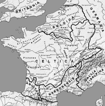 Kort over Gallien med stammer i det 1. århundrede f.Kr., hvor helvetierne er indkredset i cirklen.