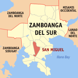 Mapa ng Zamboanga del Sur na nagpapakita sa lokasyon ng San Miguel.