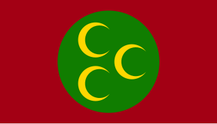 Drapeau ottoman représentant trois croissants de lune dorés dans un cercle vert sur un fond rouge.