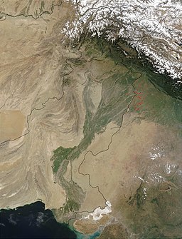 none Satellite image of the Indus River basin in Pakistan, India, and China.