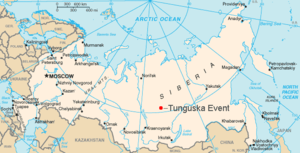 Hartă reprezentând locația aproximativă a Fenomenului Tunguska din 1907