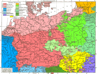 Німецька мовна мапа 1880 року. Українці, що проживають в межах Австро-Угорської імперії позначені як рутен�� або малоруси світло-зеленим кольором