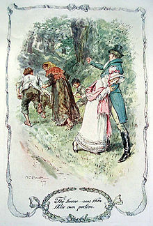 Illustration. Jeune fille évanouie soutenue par un jeune homme chassant des bohémiens