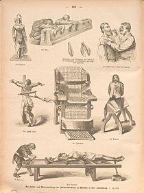 Tortures diverses. Gravure allemande de 1884.