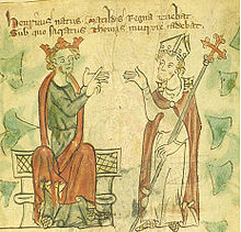 Enluminure d'homme barbu portant une couronne et une toge rouge discutant avec un homme en tenue d'évêque