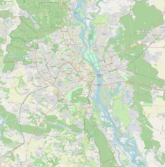 Mapa konturowa Kijowa, blisko centrum u góry znajduje się punkt z opisem „Narodowa Akademia Nauk Ukrainy”