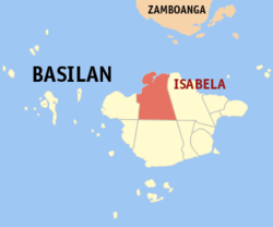 Mapa ng Basilan na pinapakita ang lokasyon ng Lungsod ng Isabela.