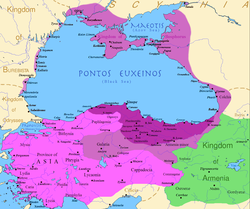 The Kingdom of Pontus at its height: before the reign of Mithridates VI (dark purple), after his early conquests (purple), and his conquests in the first Mithridatic Wars (pink)