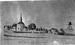 Kyrkan mot sydöst, teckning från 1845 i Uppsala Universitetsbibliotek, avfotograferad. Längst till höger syns Klockstapeln på Kråsberget (Klockberget)