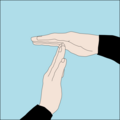 Time up: time to turn the dive and start heading back: Flat hand held roughly horizontal with tips of other flat hand's fingers touching the palm at right angles. Can also signify half of starting air remaining (in response to the "Pressure" signal).[39]