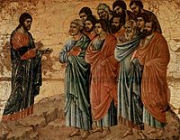 Табло на олтара на катедралата в Сиена, обратна страна, увенчаване на олтара с цикъл от Петдесетница, сцена: Появата на Христос на планината Галил