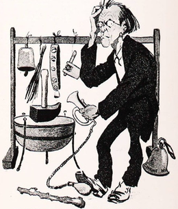 Caricature de Gustav Mahler entouré d'instruments de musique