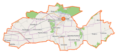 Mapa konturowa gminy Jedlnia-Letnisko, blisko centrum u góry znajduje się punkt z opisem „Jedlnia-Letnisko”
